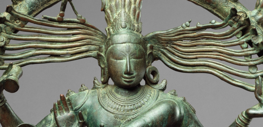 Shiva's tranquil expression with long hair streaming (detail), Shiva as Lord of the Dance (Nataraja), c. 11th century, Copper alloy, Chola period, 68.3 x 56.5 cm (The Metropolitan Museum of Art, New York)
